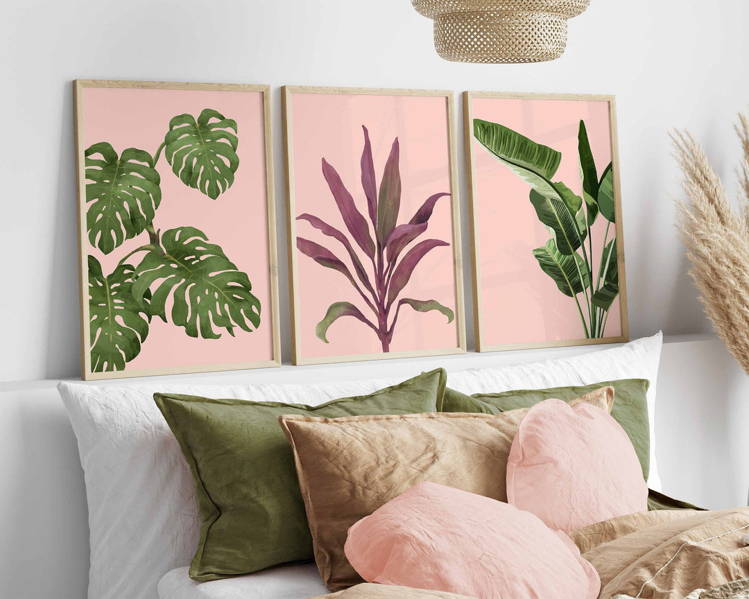 Set of 3 Tropical Leaf Prints, Botanical Monstera Leaves Wall Art, Modern Abstract House Plant Prints, Banana Leaf Poster, Living Room Decor