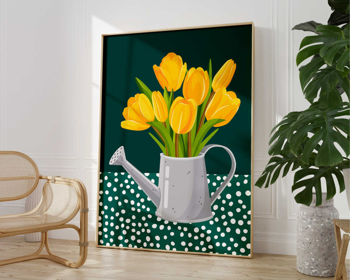 Yellow And Green Abstract Tulip Flower Print, Modern Polkadot Plant Prints, Colourful Floral Wall Art, Spring Flower Poster, Living Room Art