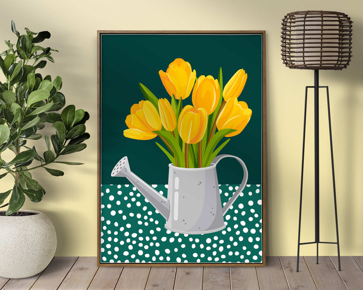 Yellow And Green Abstract Tulip Flower Print, Modern Polkadot Plant Prints, Colourful Floral Wall Art, Spring Flower Poster, Living Room Art