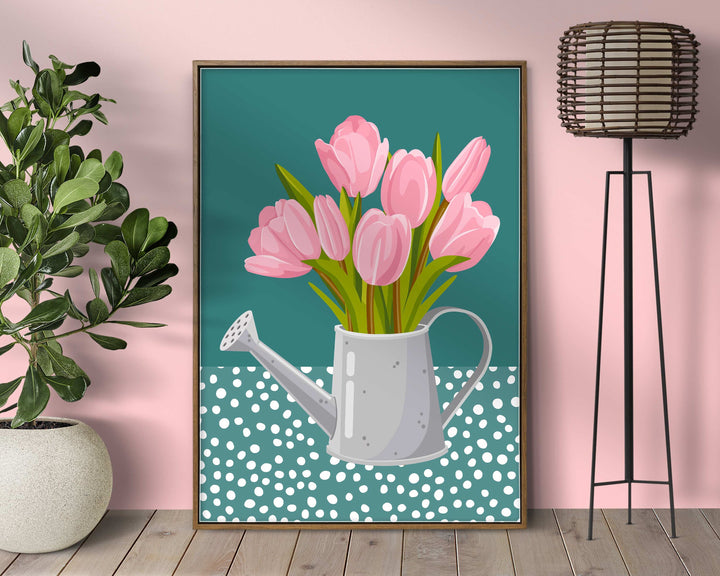Pink And Teal Abstract Tulip Flower Print, Modern Polkadot Plant Prints, Colourful Floral Wall Art, Spring Flower Poster, Living Room Art