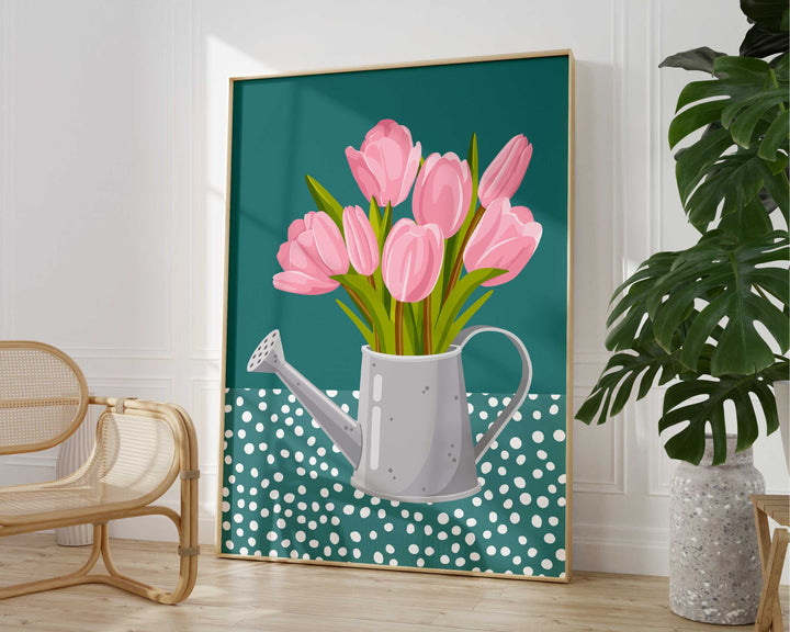 Pink And Teal Abstract Tulip Flower Print, Modern Polkadot Plant Prints, Colourful Floral Wall Art, Spring Flower Poster, Living Room Art