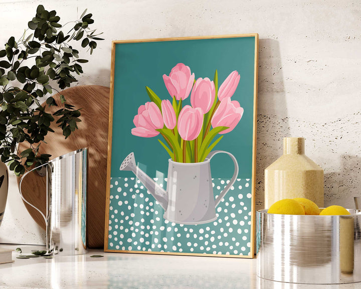 Pink And Teal Abstract Tulip Flower Print, Modern Polkadot Plant Prints, Colourful Floral Wall Art, Spring Flower Poster, Living Room Art