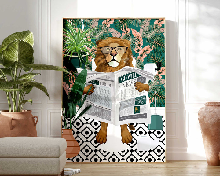 Lion on Toilet Teal Bathroom Print, Animal on Toilet Funny Bathroom Wall Art, Tropical Boho Bathroom Jungle Art Decor, Cloakroom Toilet Art