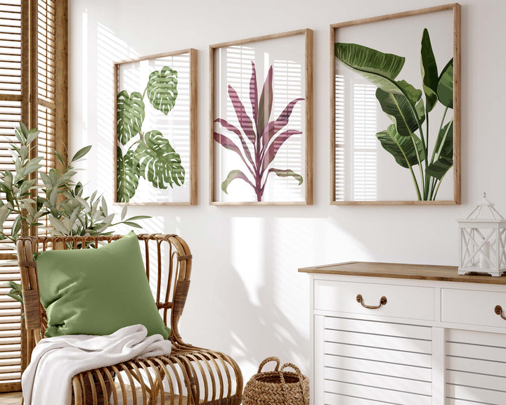 Set of 3 Tropical Leaf Prints, Botanical Monstera Leaves Wall Art, Modern Abstract House Plant Prints, Banana Leaf Poster, Living Room Decor