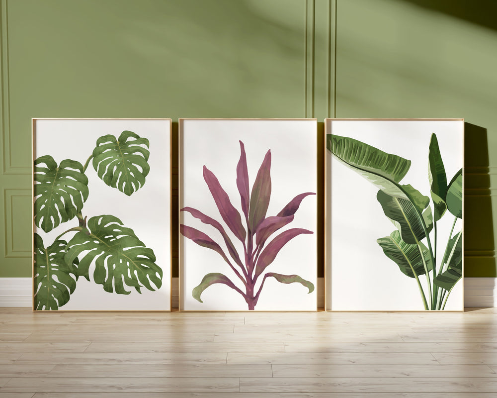 Set of 3 Tropical Leaf Prints, Botanical Monstera Leaves Wall Art, Modern Abstract House Plant Prints, Banana Leaf Poster, Living Room Decor