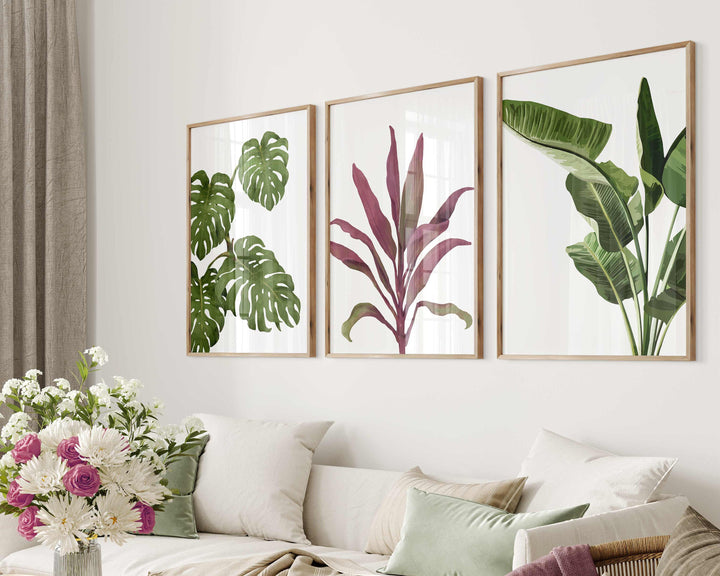 Set of 3 Tropical Leaf Prints, Botanical Monstera Leaves Wall Art, Modern Abstract House Plant Prints, Banana Leaf Poster, Living Room Decor
