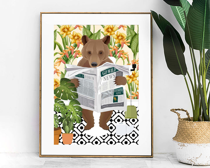 Bear Bathroom Wall Art, Funny Animal Bathroom Prints, Toilet Art Decor, Kids Bathroom Decor, Maximalist Wall Art, Tropical Bathroom Poster