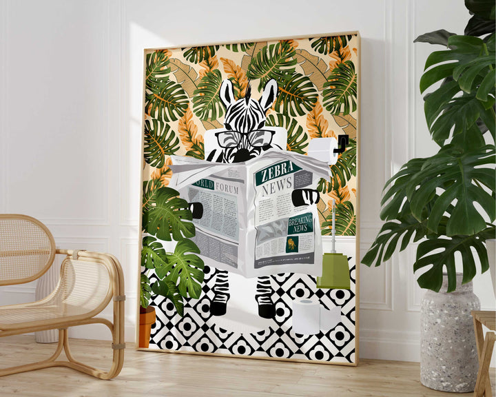 Zebra on Toilet Bathroom Print, Animal on Toilet Wall Art, Pastel Orange Funny Tropical Bathroom Decor, Botanical Bathroom Fun Animal Print