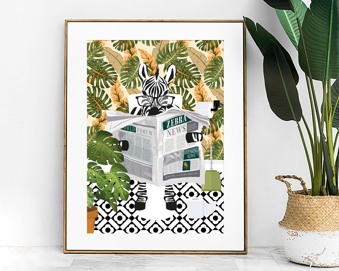 Zebra on Toilet Bathroom Print, Animal on Toilet Wall Art, Pastel Orange Funny Tropical Bathroom Decor, Botanical Bathroom Fun Animal Print