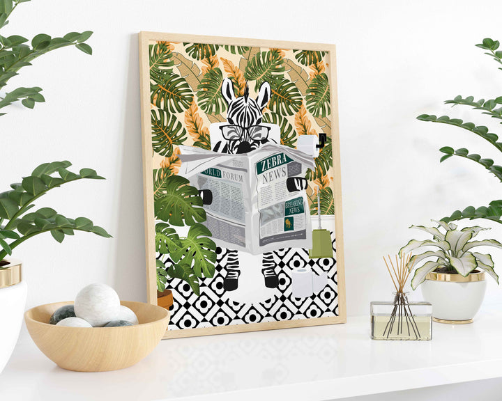 Zebra on Toilet Bathroom Print, Animal on Toilet Wall Art, Pastel Orange Funny Tropical Bathroom Decor, Botanical Bathroom Fun Animal Print