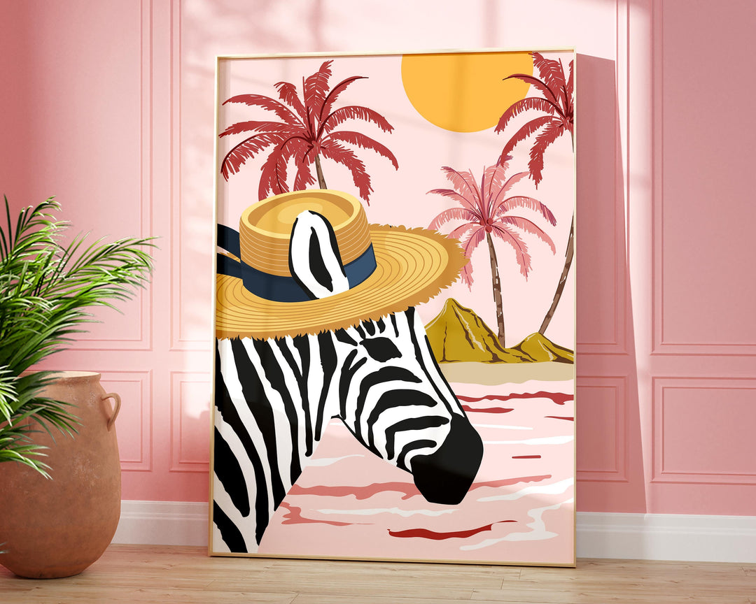 Zebra Tropical Pink Print, Safari Nursery Decor, Animal Prints, Maximalist Palm Tree Wall Art, Summer Beach House Decor, Large Beach Prints