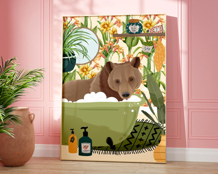A quirky animal art print of a funny brown bear relaxing in the bathtub in a colourful botanical bathroom.  This modern abstract animal wall art would look great in a kids bathroom, nursery or playroom which has a fun animal or cottage core theme.