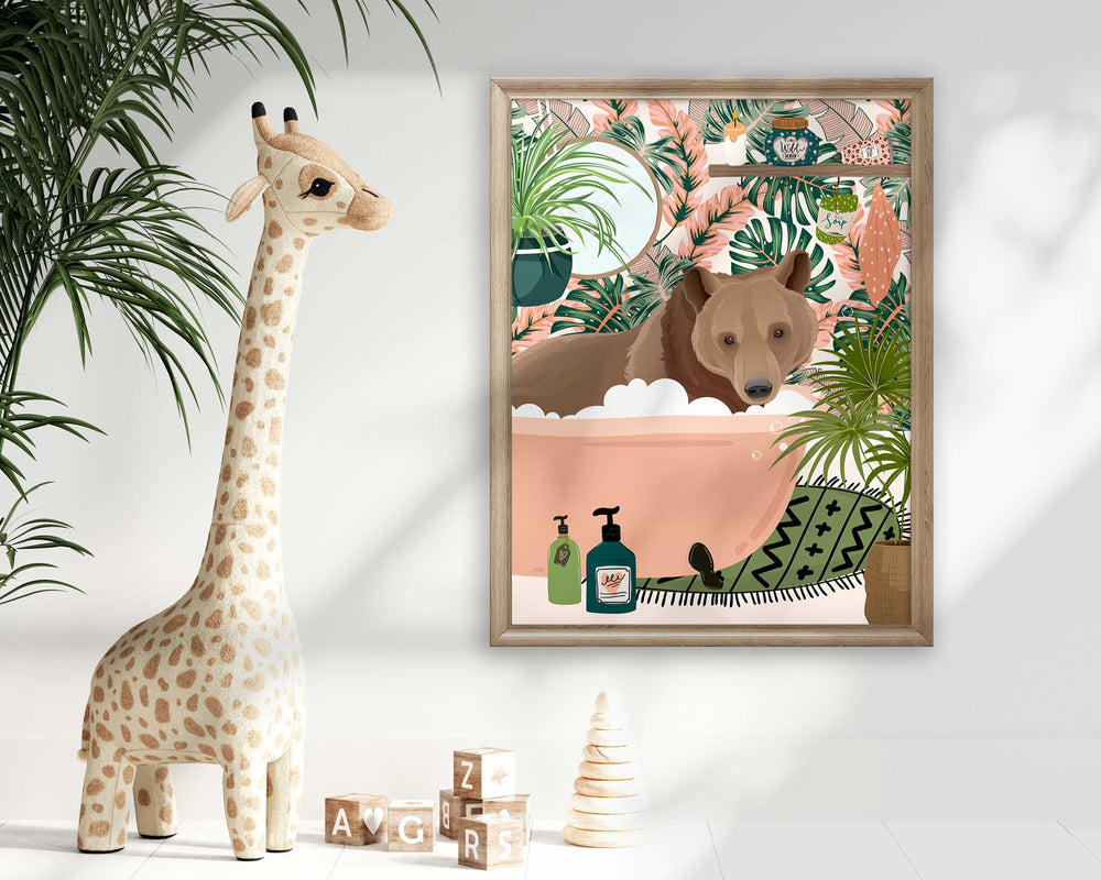A colourful Bear in Bathtub Fun Botanical Bathroom Print! This whimsical piece captures a blend of nature and humour to brighten up your bathroom decor. Featuring a charming brown bear sitting in a bathtub surrounded by colourful tropical elements.