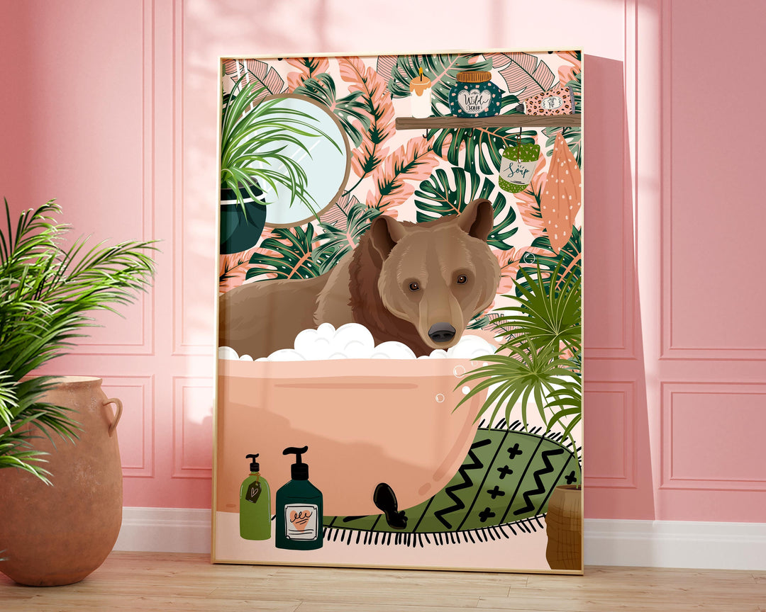 A colourful Bear in Bathtub Fun Botanical Bathroom Print! This whimsical piece captures a blend of nature and humour to brighten up your bathroom decor. Featuring a charming brown bear sitting in a bathtub surrounded by colourful tropical elements.
