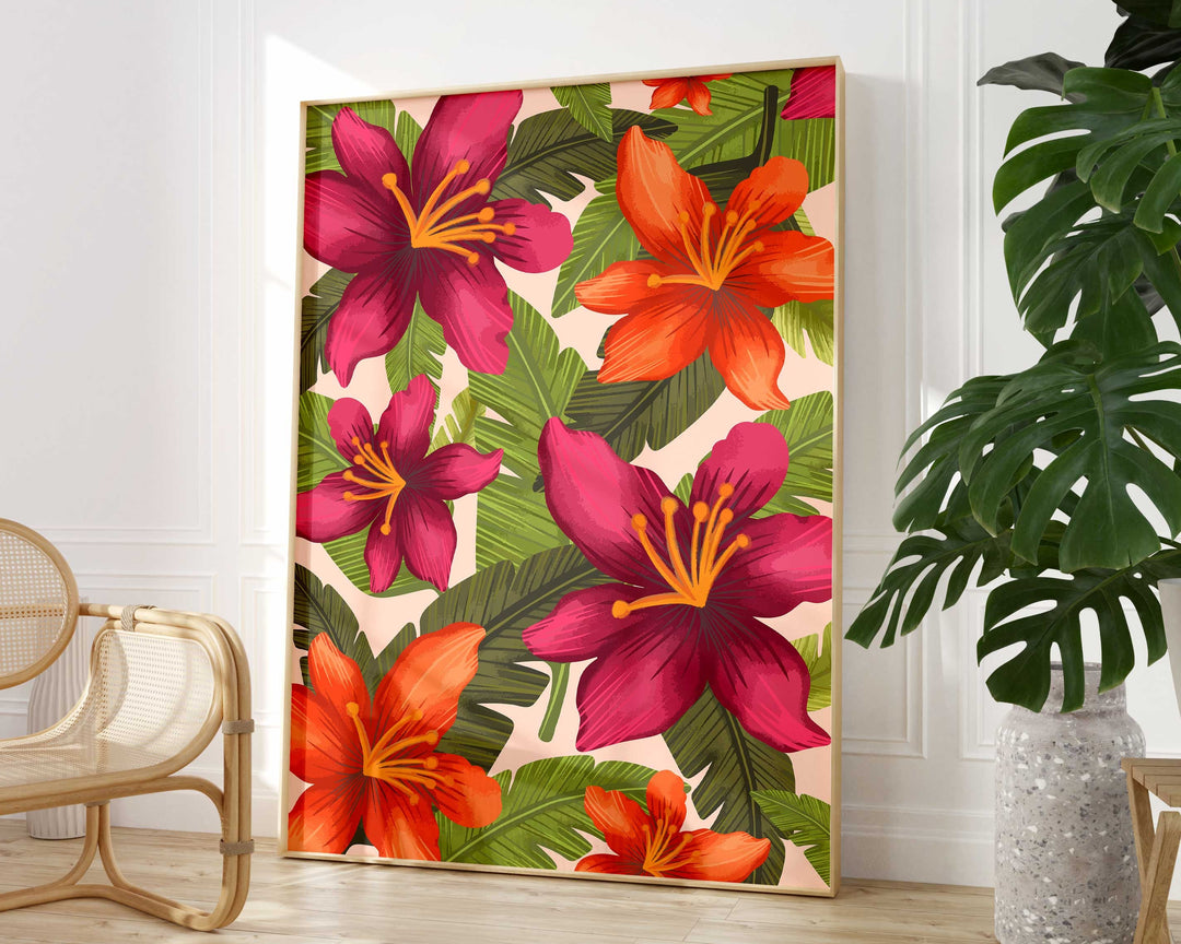 Pink Tropical Wall Art, Modern Abstract Flower Print, Flower Market Print, Flower Wall Art Tropical Decor, Colourful Botanical Floral Print