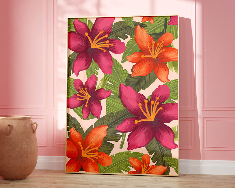 Pink Tropical Wall Art, Modern Abstract Flower Print, Flower Market Print, Flower Wall Art Tropical Decor, Colourful Botanical Floral Print