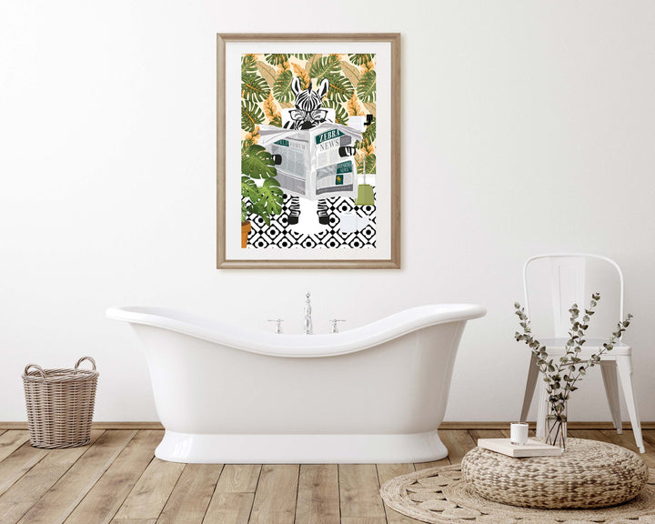 Zebra on Toilet Bathroom Print, Animal on Toilet Wall Art, Pastel Orange Funny Tropical Bathroom Decor, Botanical Bathroom Fun Animal Print