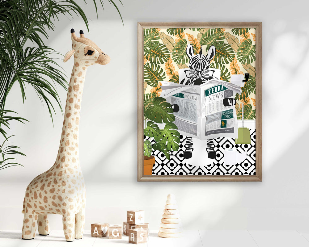 Zebra on Toilet Bathroom Print, Animal on Toilet Wall Art, Pastel Orange Funny Tropical Bathroom Decor, Botanical Bathroom Fun Animal Print
