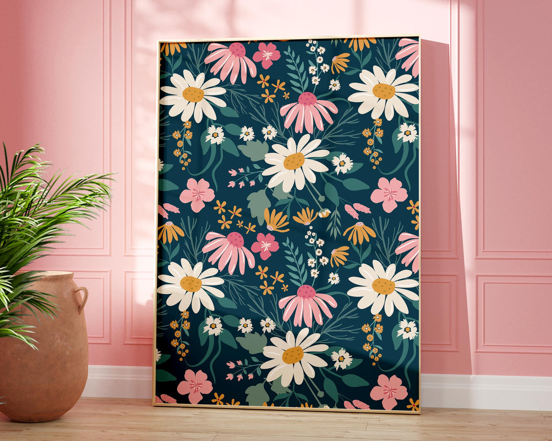 Modern Abstract Daisy Wall Art, Retro Pink Flower Market Print, Botanical Living Room Wall Art, Floral Bedroom Wall Home Decor, Gift For Her