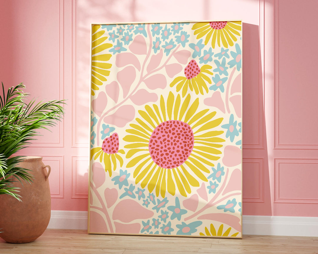 Boho Abstract Daisy Print, Botanical Flower Wall Art, Eclectic Daisies Poster, Retro Flower Market Print, Pink Floral Aesthetic Room Decor