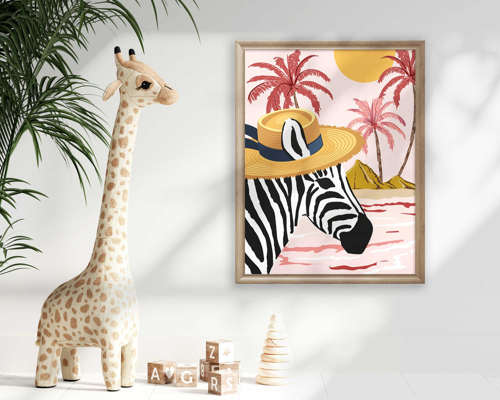 Zebra Tropical Pink Print, Safari Nursery Decor, Animal Prints, Maximalist Palm Tree Wall Art, Summer Beach House Decor, Large Beach Prints