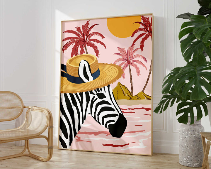 Zebra Tropical Pink Print, Safari Nursery Decor, Animal Prints, Maximalist Palm Tree Wall Art, Summer Beach House Decor, Large Beach Prints