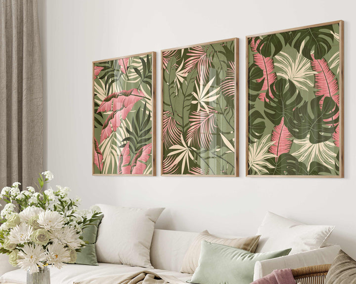 Set of 3 Tropical Leaf Prints, Botanical Monstera Leaves Wall Art, Modern Abstract House Plant Prints, Banana Leaf Poster, Living Room Decor