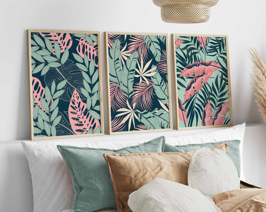 Set of 3 Tropical Leaf Prints, Botanical Monstera Leaves Wall Art, Modern Abstract House Plant Prints, Banana Leaf Poster, Living Room Decor