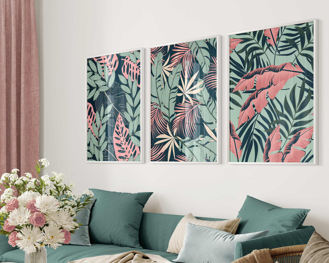 Set of 3 Tropical Leaf Prints, Botanical Monstera Leaves Wall Art, Modern Abstract House Plant Prints, Banana Leaf Poster, Living Room Decor