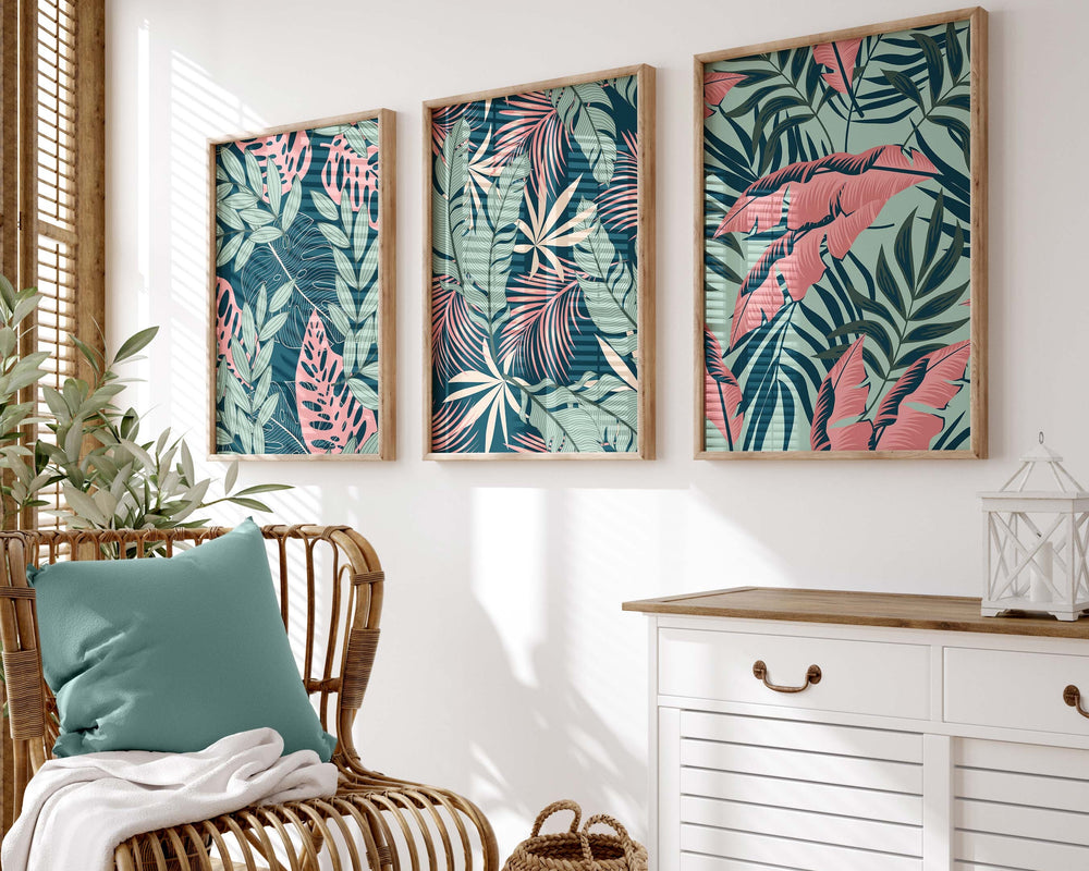 Set of 3 Tropical Leaf Prints, Botanical Monstera Leaves Wall Art, Modern Abstract House Plant Prints, Banana Leaf Poster, Living Room Decor