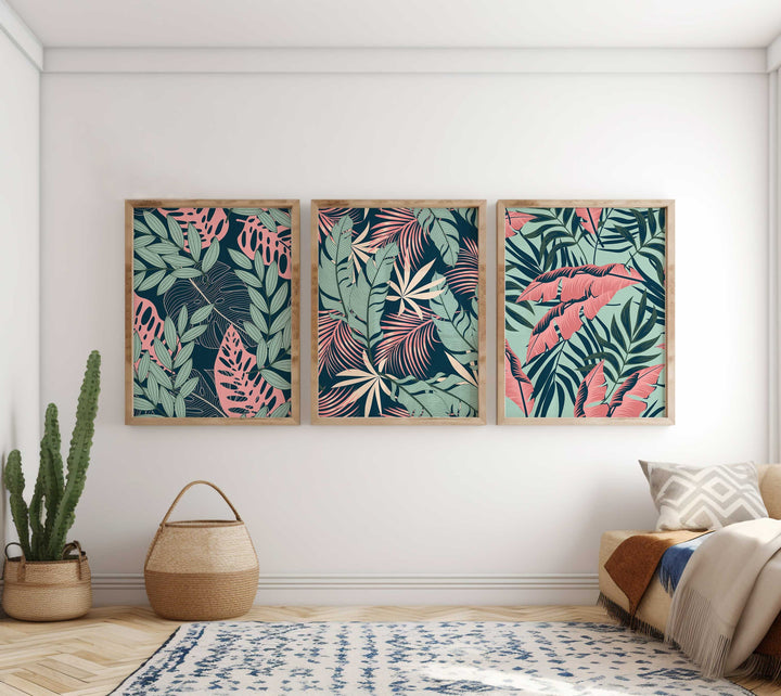 Set of 3 Tropical Leaf Prints, Botanical Monstera Leaves Wall Art, Modern Abstract House Plant Prints, Banana Leaf Poster, Living Room Decor