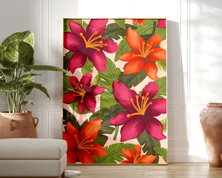 Pink Tropical Wall Art, Modern Abstract Flower Print, Flower Market Print, Flower Wall Art Tropical Decor, Colourful Botanical Floral Print