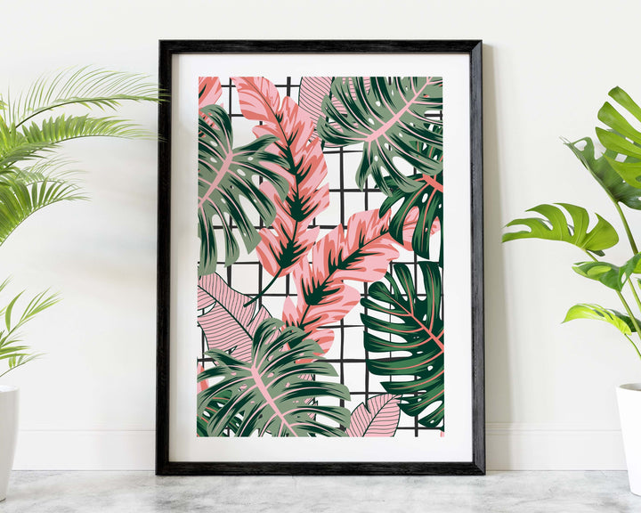 Abstract Tropical Leaves Wall Art, Pink Rainforest Botanical Print, Monstera Leaf House Plant Bathroom Decor, Above Bed Gallery Wall Art