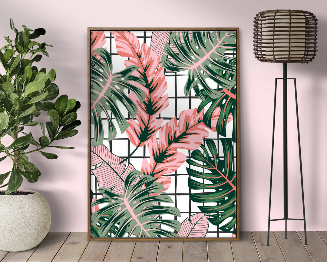 Abstract Tropical Leaves Wall Art, Pink Rainforest Botanical Print, Monstera Leaf House Plant Bathroom Decor, Above Bed Gallery Wall Art