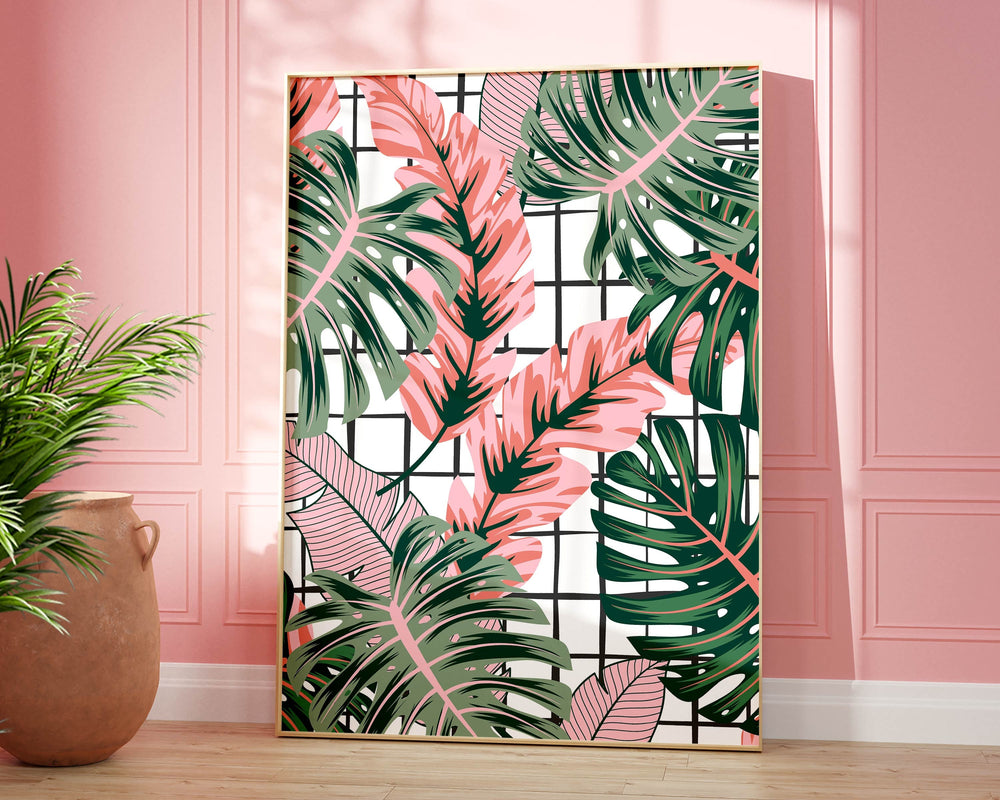Abstract Tropical Leaves Wall Art, Pink Rainforest Botanical Print, Monstera Leaf House Plant Bathroom Decor, Above Bed Gallery Wall Art