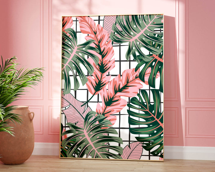 Abstract Tropical Leaves Wall Art, Pink Rainforest Botanical Print, Monstera Leaf House Plant Bathroom Decor, Above Bed Gallery Wall Art