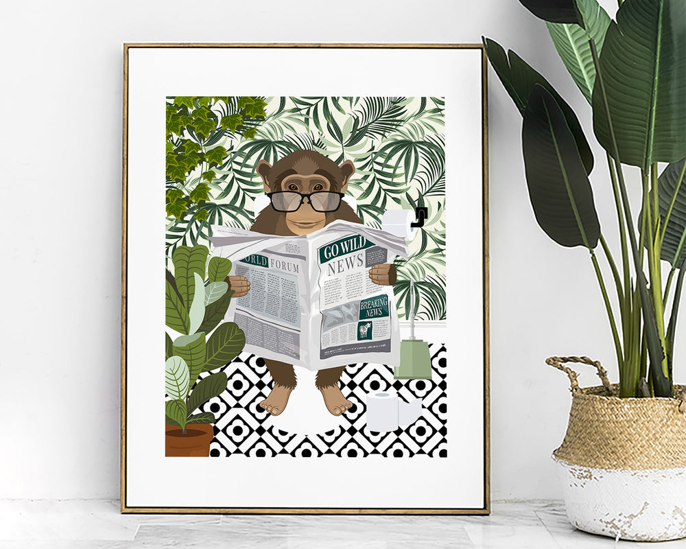 Monkey Bathroom Wall Art, Funny Animal Bathroom Prints, Toilet Art Bathroom Decor, Maximalist Wall Art, Tropical Bathroom Poster, Funny Gift