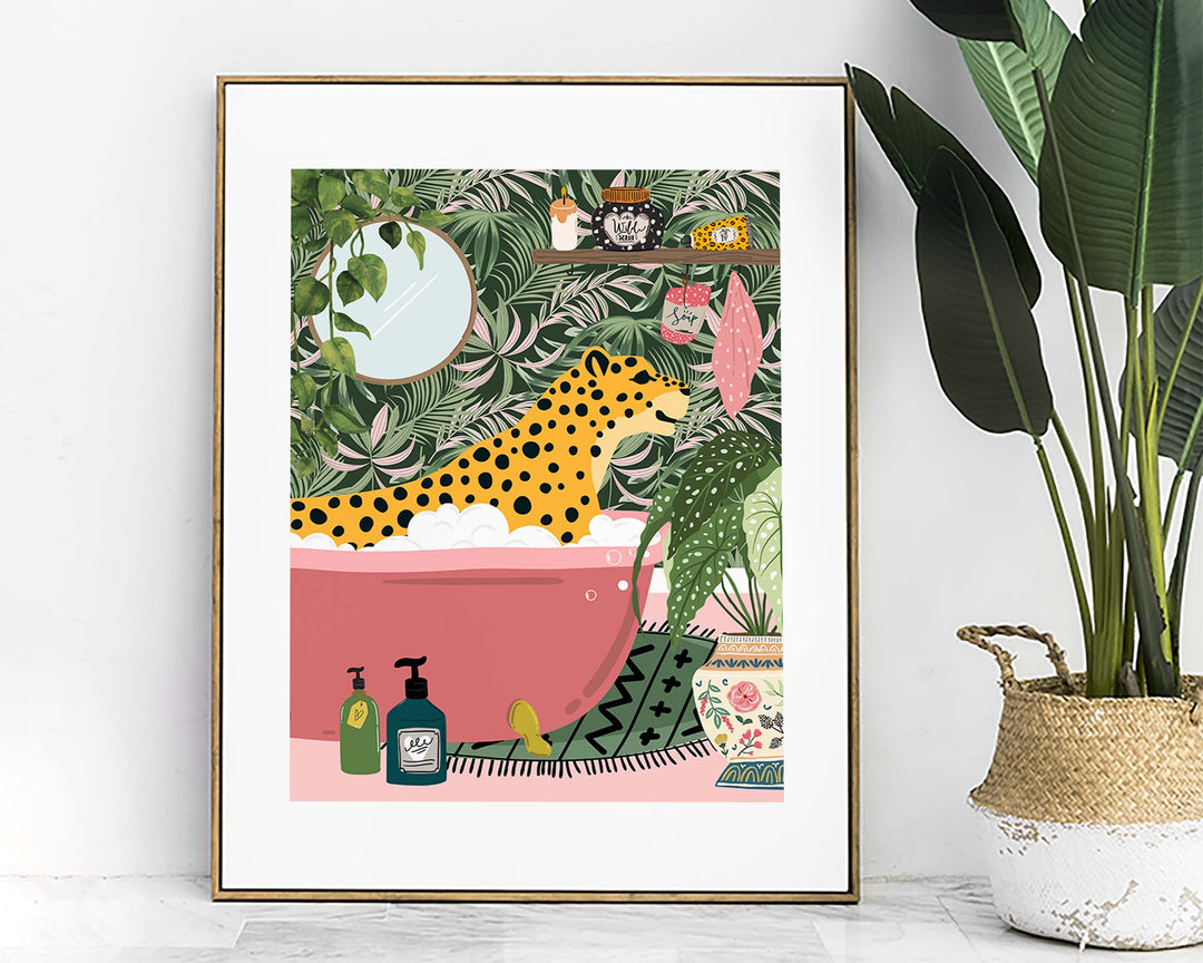 Leopard in Bathtub Bathroom Print, Animal in Bath Fun Bathroom Wall Art, Tropical Bathroom Safari Poster, Maximalist Eclectic Jungle Decor
