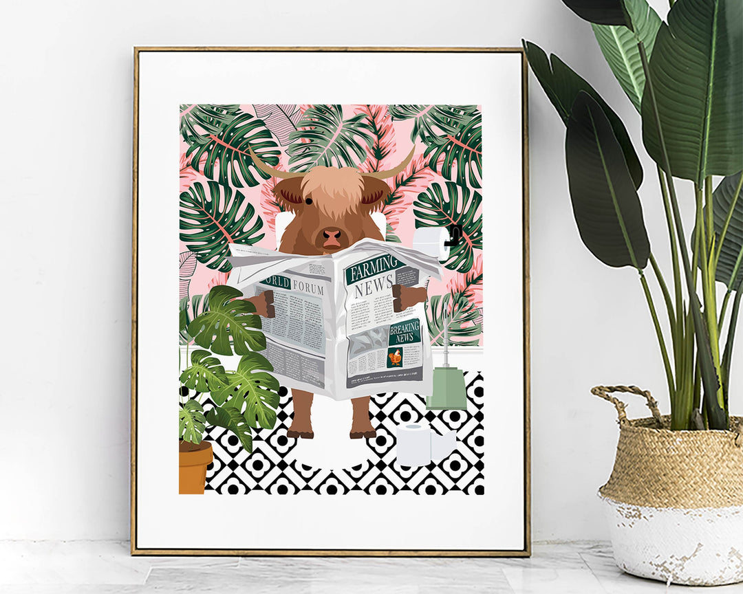 Scottish Highland Cow On Toilet Bathroom Prints, Animal On Toilet Funny Bathroom Art For Kids, Cloakroom Bathroom Wall Art, Playroom Decor