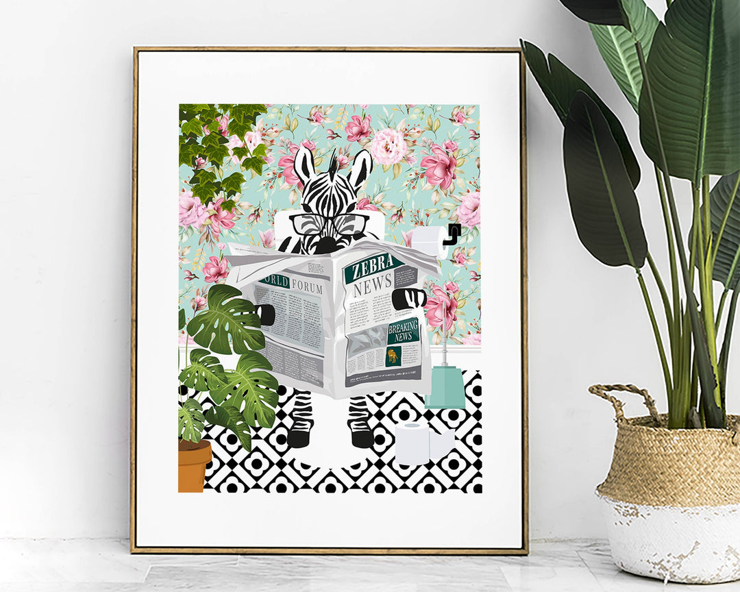 Zebra on Toilet Print, Animal on Toilet Fun Bathroom Wall Art, Floral Blue Pink Bathroom Decor, Animal Reading Newspaper Humour Art Print
