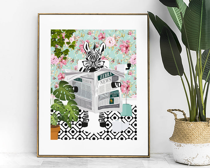 Zebra on Toilet Print, Animal on Toilet Fun Bathroom Wall Art, Floral Blue Pink Bathroom Decor, Animal Reading Newspaper Humour Art Print