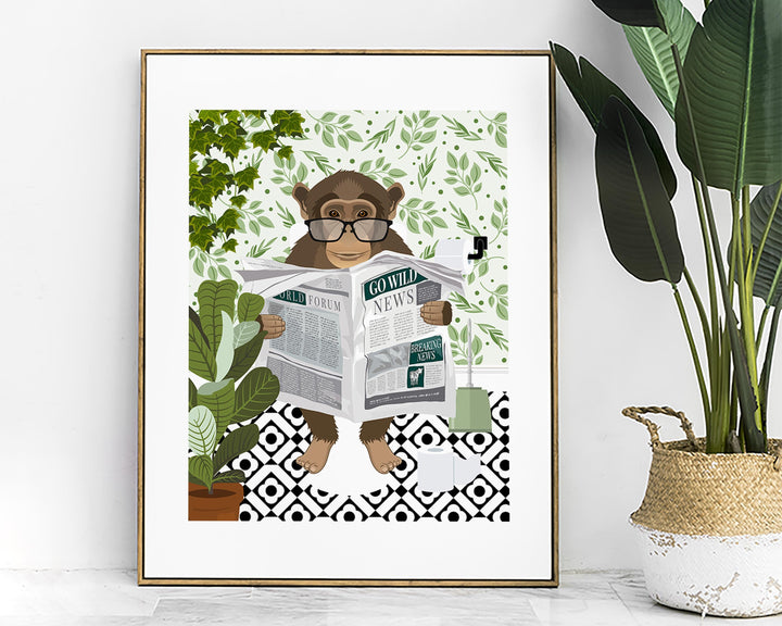 Monkey on Toilet Print, Animal on Toilet Fun Bathroom Wall Art, Jungle Animal Botanical Bathroom Humour Art Print, Cloakroom Prints Wall Art