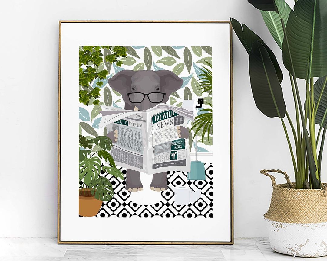 Elephant Bathroom Wall Art, Funny Animal Bathroom Prints, Toilet Art, Kids Bathroom Decor, Maximalist Wall Art, Botanical Bathroom Poster