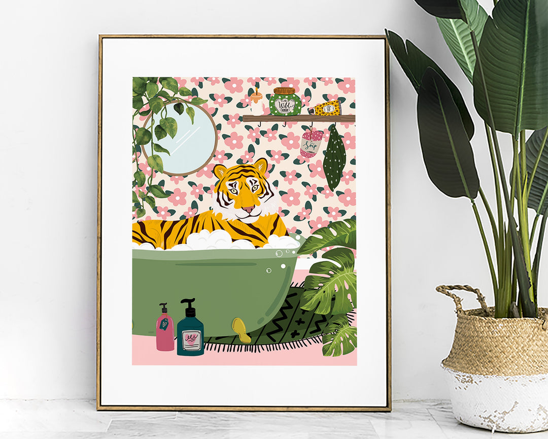 Tiger Bathroom Wall Art, Funny Animal Bathroom Prints, Toilet Art Decor, Kids Bathroom Decor, Maximalist Wall Art, Tropical Bathroom Poster