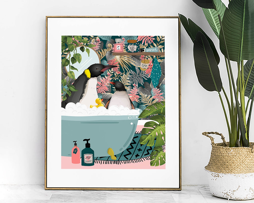 Penguins in Bathtub Animal Bathroom Prints, Animal in Bath Wall Art, Kids Funny Penguin Art, Fun Botanical Jungle Bathroom Penguin Poster