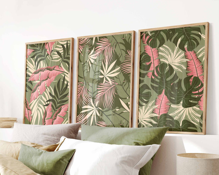 Set of 3 Tropical Leaf Prints, Botanical Monstera Leaves Wall Art, Modern Abstract House Plant Prints, Banana Leaf Poster, Living Room Decor