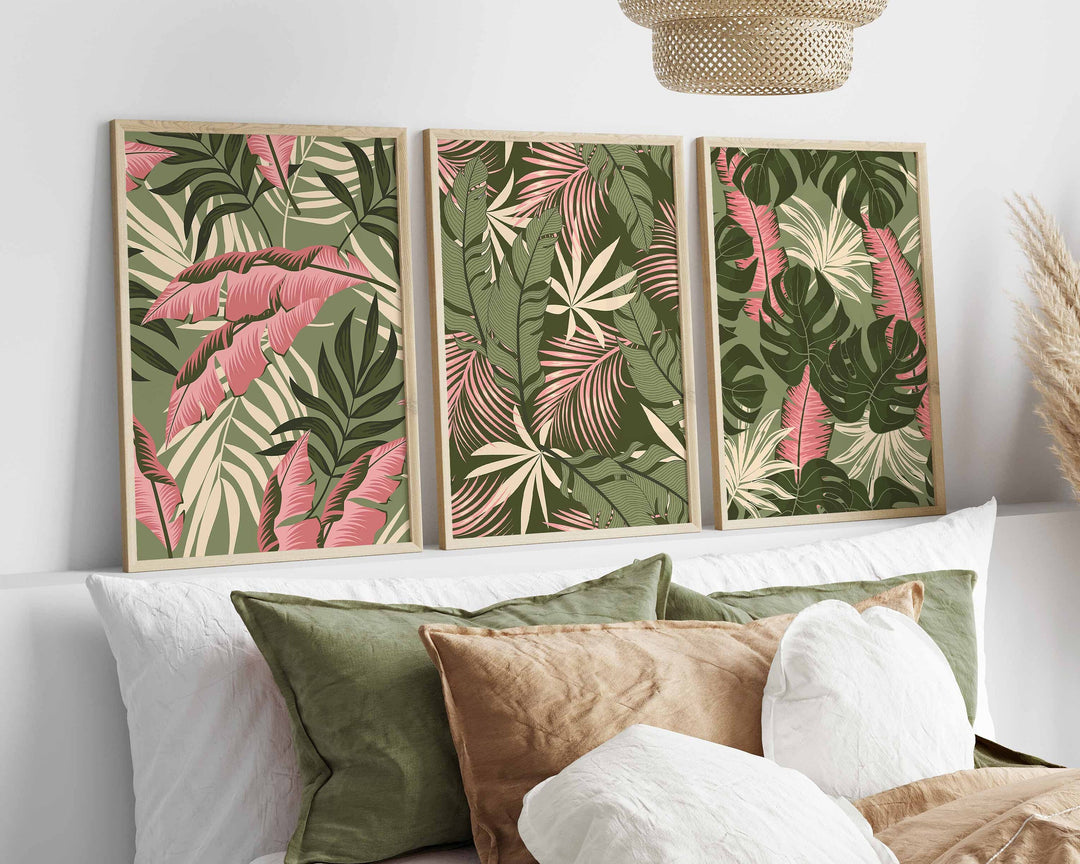 Set of 3 Tropical Leaf Prints, Botanical Monstera Leaves Wall Art, Modern Abstract House Plant Prints, Banana Leaf Poster, Living Room Decor