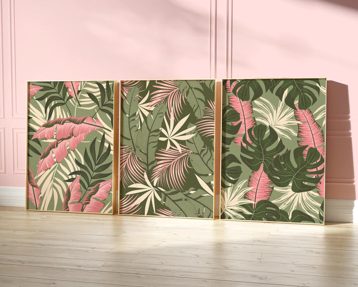 Set of 3 Tropical Leaf Prints, Botanical Monstera Leaves Wall Art, Modern Abstract House Plant Prints, Banana Leaf Poster, Living Room Decor