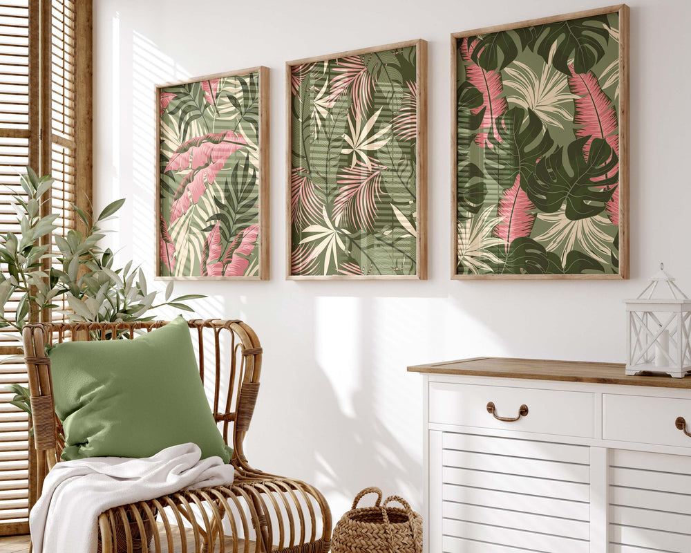 Set of 3 Tropical Leaf Prints, Botanical Monstera Leaves Wall Art, Modern Abstract House Plant Prints, Banana Leaf Poster, Living Room Decor
