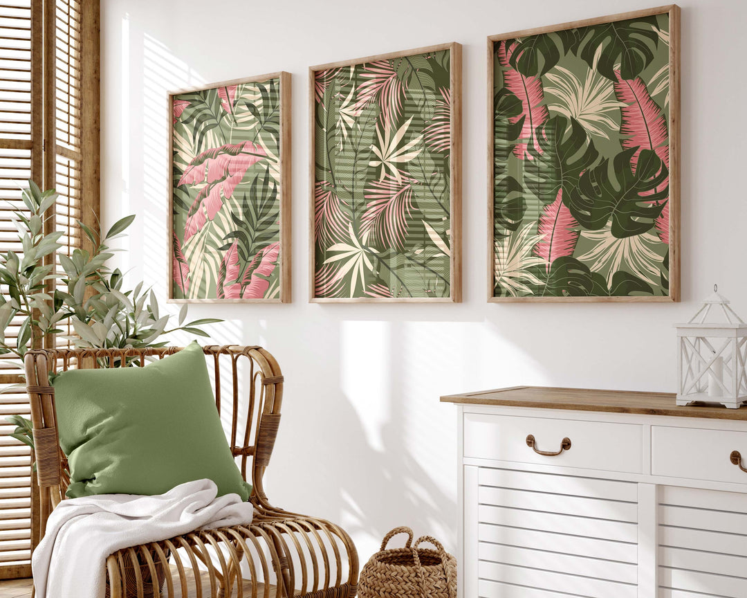 Set of 3 Tropical Leaf Prints, Botanical Monstera Leaves Wall Art, Modern Abstract House Plant Prints, Banana Leaf Poster, Living Room Decor